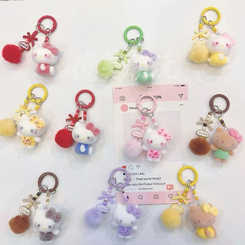 10PCs Cute Hello Kitty Pom-Pom Keychain-Assorted Pastel Colors-Kids Party Gift